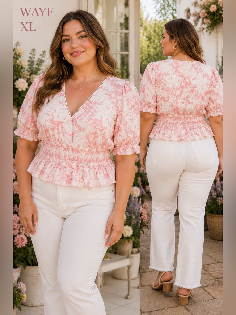 WAYF Floral Smocked Peplum Top XL Pink White Cottagecore y2k coquette feminine